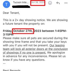 TIR Rentals - The law requires a 48 hour heads up. Maybe I'm an idiot, but I'm pretty sure that October 26 is not two days before October 27.
