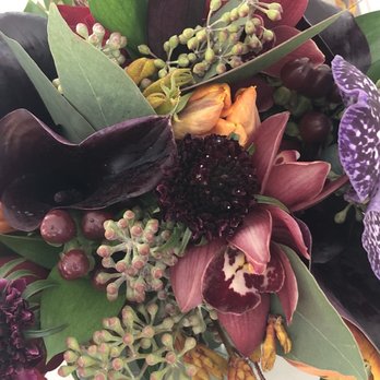 Monsoon Flowers - Black calalillies, Jeff Latham purple orchids, and tulips for a Fall wedding. - Florists Near Me - Cresskill, New Jersey
