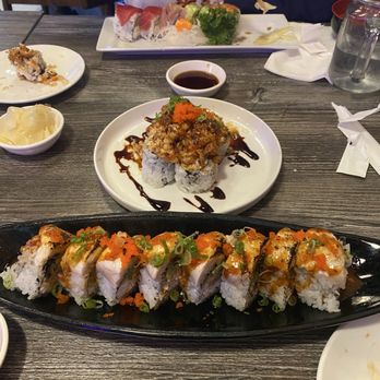 Kyuko Sushikaya - Seared Yellowtail Roll - front Lavacraw Roll - middle Rainbow Roll - back Gyoza for appetizers! - Sushi Bars Near Me - Corona, California Kyuko Sushikaya - Seared Yellowtail Roll - front Lavacraw Roll - middle Rainbow Roll - back Gyoza for appetizers! - Sushi Bars Near Me - Corona, California