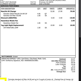 Valvoline Instant Oil Change - Invoice - Oil Change Stations Near Me - Corona, California