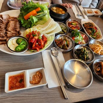 Hanmi Korean Restaurant - Dwaeji Bossam (Steamed Pork with Napa Cabbage) + Doenjang Jjigae (Soy Bean Paste Soup) Combo, plus banchan - Korean Near Me - Artesia, California