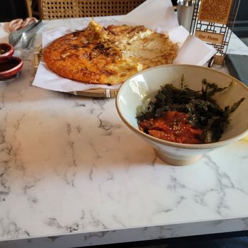 Comma - Pancake accessories on the far left, said pancake, and the kimchi bibimbap. - Korean Near Me - Toronto, Ontario