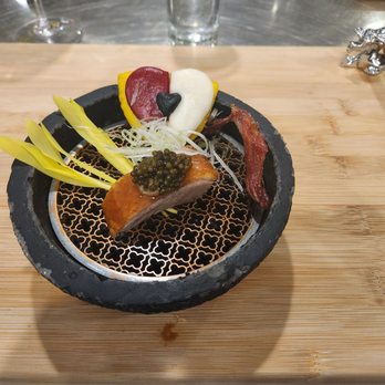 Ling Kitchen - Peking duck with foie gras mousse and caviar... also a duck tongue and a gorgeous yet delicious heart shaped bun.. - Diners Near Me - Austin, Texas