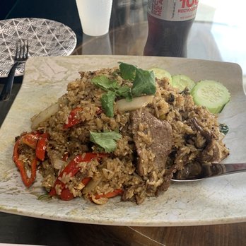 Goi Express Thai - #5 Spicy Thai Beef Basil Fried Rice. Gigantic portion, about 4 servings. - Thai Near Me - Murrieta, California Goi Express Thai - #5 Spicy Thai Beef Basil Fried Rice. Gigantic portion, about 4 servings. - Thai Near Me - Murrieta, California