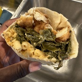 Brunchaholics - Soul Food Burrito. Catfish, Collard Greens, and Mac n Cheese - Soul Food Near Me - DeSoto, Texas