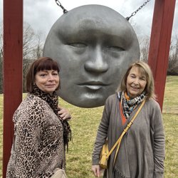 Hammond Museum & Japanese Stroll Garden - One of the many works of art on display with two admirers