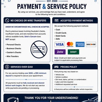 Soto’s Carcare - Payment & Service Policy - Auto Detailing Near Me - Shafter, California Soto’s Carcare - Payment & Service Policy - Auto Detailing Near Me - Shafter, California