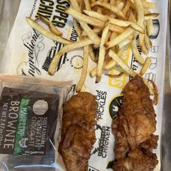 Kids Meal tenders, fries, and brownie