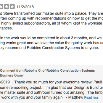 Robbins Construction Systems - Here is a real review from one of our great clients! Yelp hides this review b/c the person does not utilize their site enough. - General Contractors Near Me - Ann Arbor, Michigan Robbins Construction Systems - Here is a real review from one of our great clients! Yelp hides this review b/c the person does not utilize their site enough. - General Contractors Near Me - Ann Arbor, Michigan