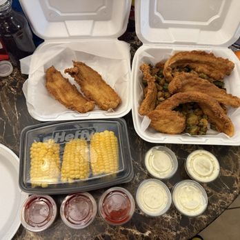 The Crab Barrack - Catfish + 2 extra pieces, okra and Corn on the Cob - Seafood Near Me - Irondale, Alabama