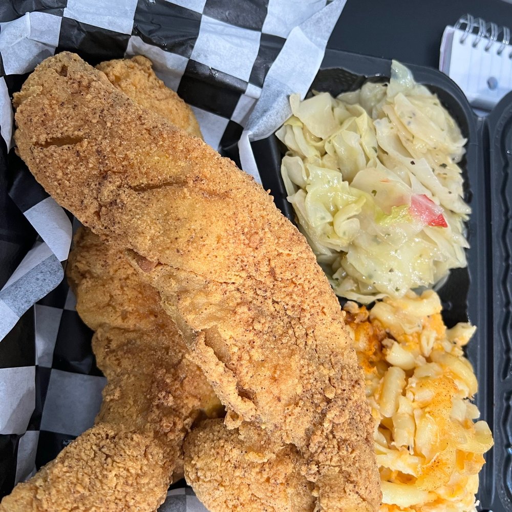 Aunt Vonda’s Kitchen Table - Fried Swai, mac and cheese, and fried cabbage - Soul Food Near Me - Newark, Delaware