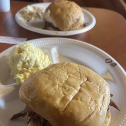 Big Boy’s Bar-B-Que - Brisket sandwich with potato salad and coleslaw. Yummy!