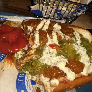 Treylor Park - The other dog that comes with chili, relish and dijonaise , all served with waffle fries - New American Near Me - Ponte Vedra, Florida Treylor Park - The other dog that comes with chili, relish and dijonaise , all served with waffle fries - New American Near Me - Ponte Vedra, Florida