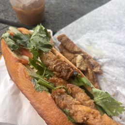 Vegetarian banh mi sandwich and Vietnamese iced coffee Vegetarian banh mi sandwich and Vietnamese iced coffee