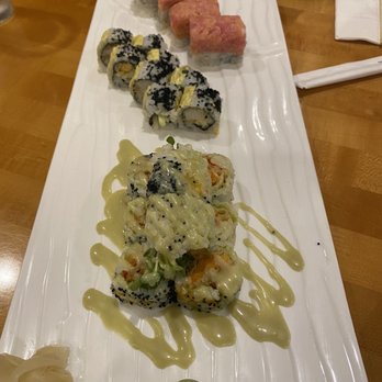 Yama Japanese Restaurant - From the front..Wellesley maki, Bruins maki and Fire Dragon roll. They were delicious. - Japanese Near Me - Wellesley, Massachusetts