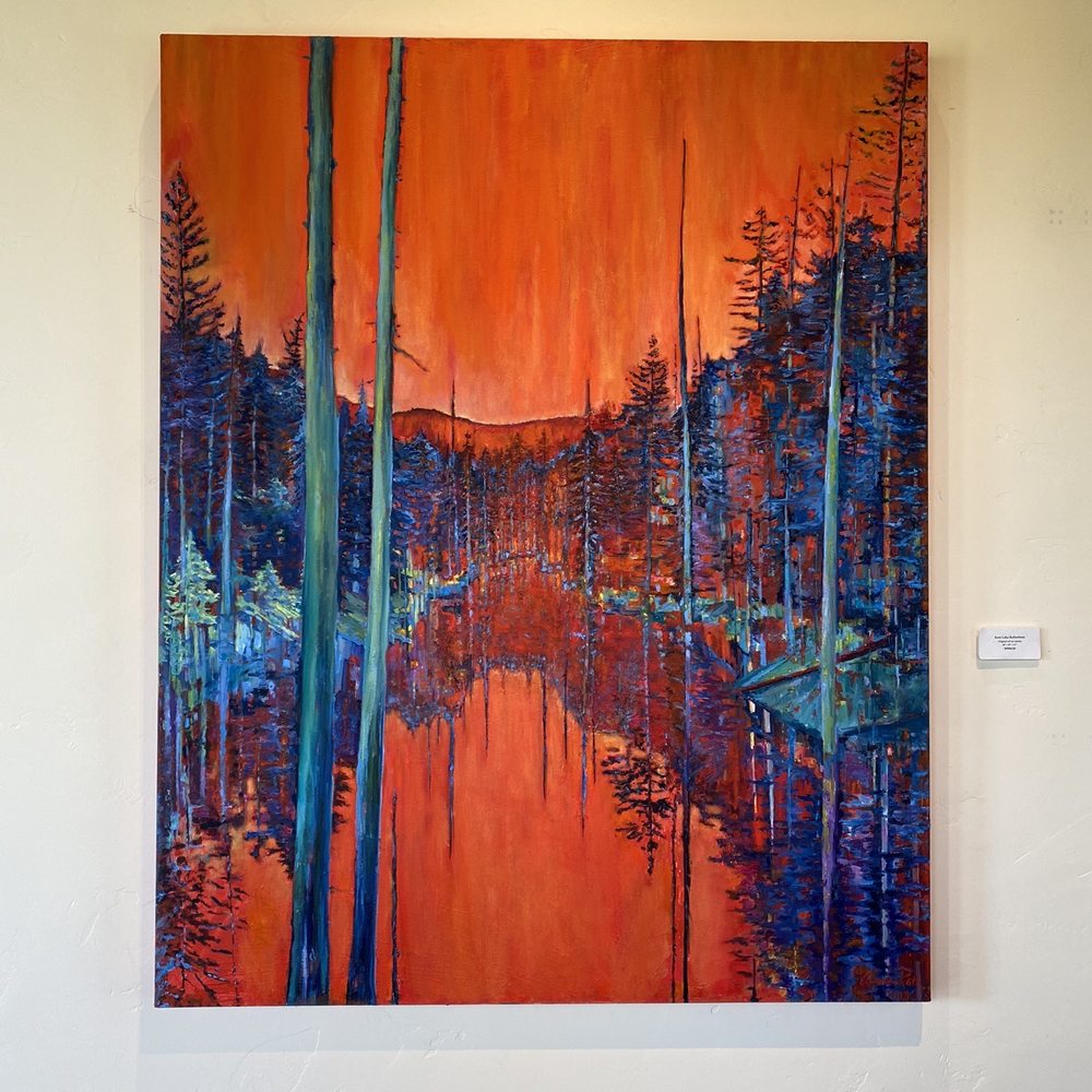 a painting of a lake surrounded by trees a painting of a lake surrounded by trees