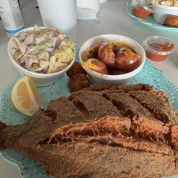 Kathi's Krab Shack - Fried whole flounder, slaw and boiled red potatoes. - Seafood Near Me - Steinhatchee, Florida