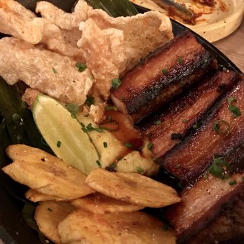 Lechon - Pork belly. Comes with chicharron, plantains and a corn purée. Delish!! - Tapas Bars Near Me - Portland, Oregon Lechon - Pork belly. Comes with chicharron, plantains and a corn purée. Delish!! - Tapas Bars Near Me - Portland, Oregon