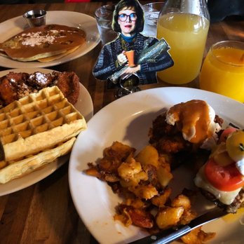 Julians - Chicken with waffles, banana pancakes, meatloaf Benedict and fried chicken Benedict with yummy traditional and Mango Mimosas - New American Near Me - Providence, Rhode Island Julians - Chicken with waffles, banana pancakes, meatloaf Benedict and fried chicken Benedict with yummy traditional and Mango Mimosas - New American Near Me - Providence, Rhode Island