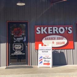 Skero's Barber Shop & Salon - Skero's Barber Shop & Salon Front Door with Dapper & Dunn Shoe Boot Repair Sign.