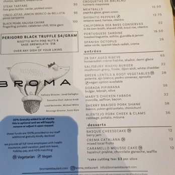 Broma - Menu - New American Near Me - Mountain View, California