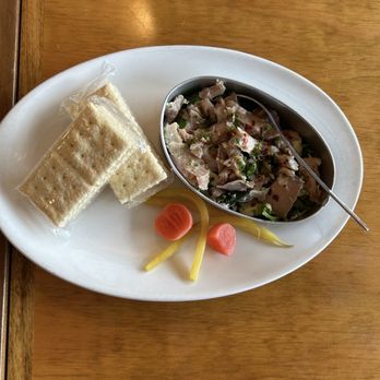 Moon & Turtle - Tinned fish - Olive oil poached local ahi, garlic, M+T garden basil, chili flake, Dam Fine Farms hydroponic mizuna, garlic mayo, soda cracke - Seafood Near Me - Hilo, Hawaii
