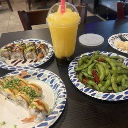 Edamame, mango rolls, mango slush, dragon rolls. Edamame, mango rolls, mango slush, dragon rolls.