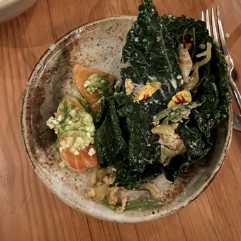 Field & Vine - Kale salad and salmons crudo - New American Near Me - Somerville, Massachusetts