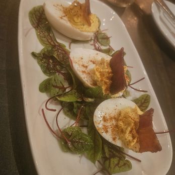 Copperwood Tavern - DUCK DEVILED EGGS 12 southern duck eggs. mayo, mustard, swveet relish, candied baolcon, red sorrel microgreens - New American Near Me - Arlington, Virginia Copperwood Tavern - DUCK DEVILED EGGS 12 southern duck eggs. mayo, mustard, swveet relish, candied baolcon, red sorrel microgreens - New American Near Me - Arlington, Virginia