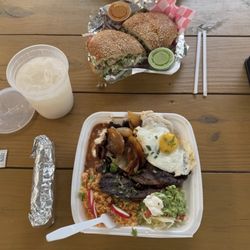 Victorio Tacos Burritos y Botanas - Tortas 32 oz. Horchata Carne asada with Fajitas and over easy egg