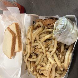 Meme's Kleen Kitchen - Half chicken order with fries, slices os bread and jalapeño