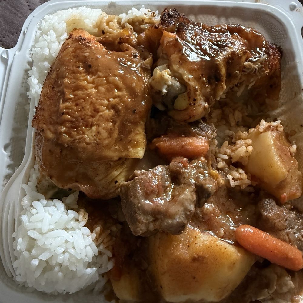 Mixed plate of baked chicken (2 large thighs) & delicious, tender beef stew Mixed plate of baked chicken (2 large thighs) & delicious, tender beef stew