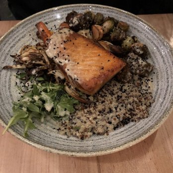 Terrain Cafe - Devon - Harvest Bowl with Salmon. I tasted some of it. Salmon tasted a little dry but overall it was good. - New American Near Me - Devon, Pennsylvania