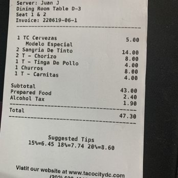 Taco City DC - Bill for 2 ppl, 4 tacos, 3 alcoholic drinks and 1 dessert. - Mexican Near Me - Washington, DC, District of Columbia