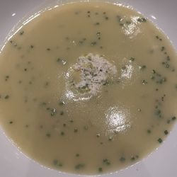 Potato and leek soup with blue crab. Pretty bland.