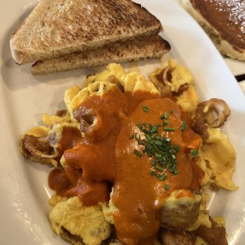 Blue's Egg + Bakery - Crispy shrimp, calamari scramble with a side of sour dough toast - Breakfast & Brunch Near Me - Milwaukee, Wisconsin