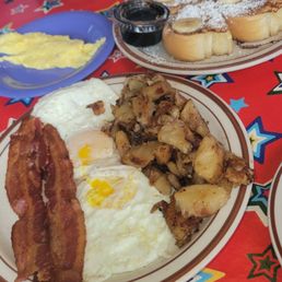 R.'s Breakfast special, eggs, bacon, potatoes, and French Toast, perfect for two light eaters to share!