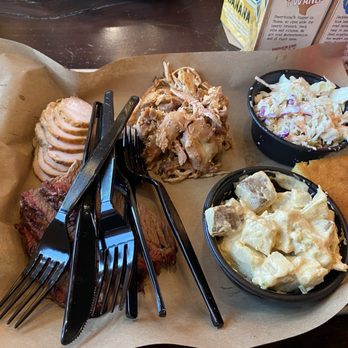 Mission BBQ - Fairless Hills - BBQ sampler platter: Turkey, pulled chicken, and lean brisket with a side of Cole slaw and mashed potatoes - Barbeque Near Me - Fairless Hills, Pennsylvania Mission BBQ - Fairless Hills - BBQ sampler platter: Turkey, pulled chicken, and lean brisket with a side of Cole slaw and mashed potatoes - Barbeque Near Me - Fairless Hills, Pennsylvania