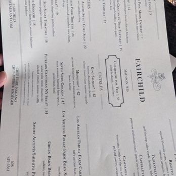 Fairchild - Dinner menu July 2024 - Seafood Near Me - Madison, Wisconsin