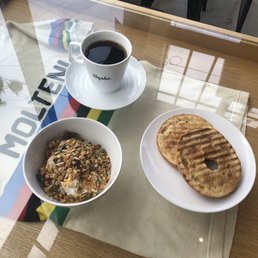 Drip coffee, yogurt & granola with honey and cinnamon, bagel with butter & cinnamon Drip coffee, yogurt & granola with honey and cinnamon, bagel with butter & cinnamon