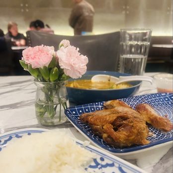 Niyom Thai Kitchen - Rice, duck massaman curry, spicy, dressing from raw shrimp salad that was so good I took home bottom of bowl. - Thai Near Me - Flushing, New York