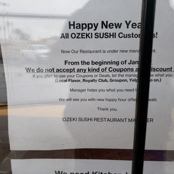 Ozeki Sushi - Manager is now refusing to honor all coupons and vouchers even though they've already been paid for them. What a shitty business practice. - Japanese Near Me - Chino, California Ozeki Sushi - Manager is now refusing to honor all coupons and vouchers even though they've already been paid for them. What a shitty business practice. - Japanese Near Me - Chino, California