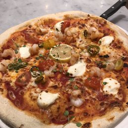 I had the new pizza option with shrimp and yellow and red tomatoes with fresh mozzarella I had the new pizza option with shrimp and yellow and red tomatoes with fresh mozzarella