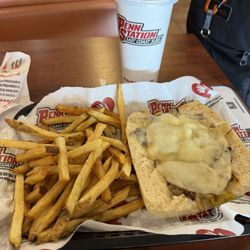Penn Station East Coast Subs - Small Philly Cheesesteak, small fries and small lemonade.
