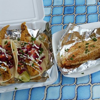 Lupe's 55 Cantina - Fish (haddock) taco and Mexican corn. Exceptional! - Mexican Near Me - Hampton, New Hampshire