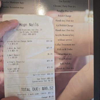 Mogn Nails - Price difference on their menu disclosed vs what they actually charged after - Nail Salons Near Me - La Mirada, California
