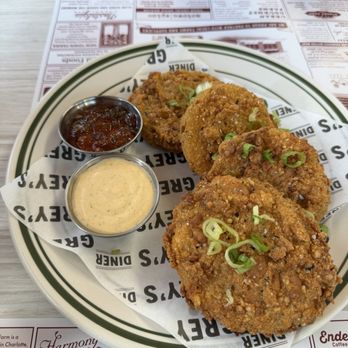 Grey's Diner - Fried green tomatoes with two dipping sauces - Diners Near Me - Charlotte, North Carolina Grey's Diner - Fried green tomatoes with two dipping sauces - Diners Near Me - Charlotte, North Carolina