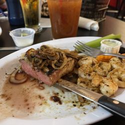 Heroes Food & Spirits - NY Strip with shrimp cook perfectly to medium rare!!