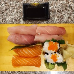 Hamashi/Yellowtail, Salmon & Creamy Scallop Nigiri