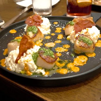 King Neptune Restaurant - Sautéed Scallops over Roasted Corn Risotto and Red Pepper Vinaigrette - Seafood Near Me - Wrightsville Beach, North Carolina